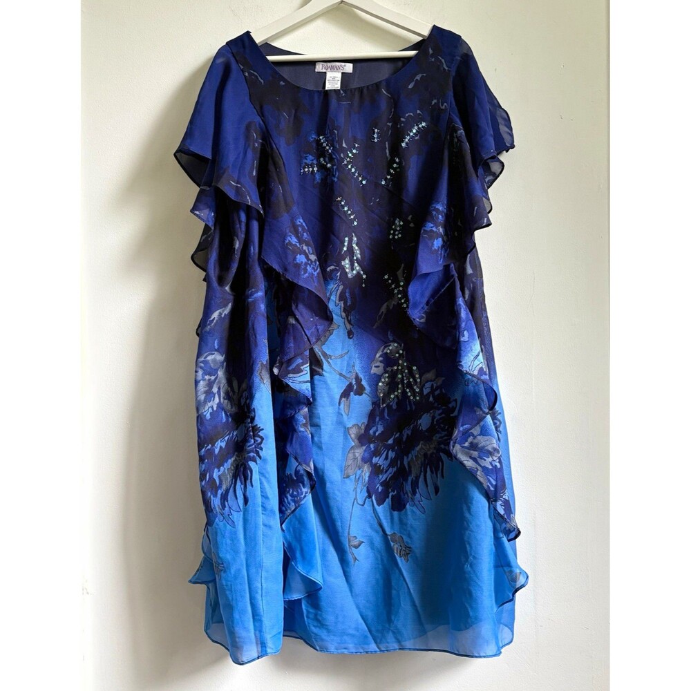 Roaman's Dress 18W Blue Floral Chiffon Ruffle beaded Flutter Sleeve Scoop Neck